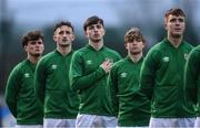 28 March 2023; Republic of Ireland players, from left, Kevin Zefi, Sam Curtis, Roco Vata, Harry Vaughan and Thomas Lonergan stand for the playing of the National Anthem before the UEFA European Under-19 Championship Elite Round match between Greece and Republic of Ireland at Ferrycarrig Park in Wexford. Photo by Stephen McCarthy/Sportsfile