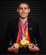 29 March 2023; Paralympic legend Jason Smyth poses for a portrait  at the Sport Ireland Institute in Dublin after announcing his retirement from 100m and 200m athletics as a 6 time Paralympic  gold medalist and world record holder in the in the T13 classification. Photo by Harry Murphy/Sportsfile