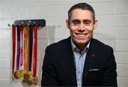 29 March 2023; Paralympic legend Jason Smyth poses for a portrait  at the Sport Ireland Institute in Dublin after announcing his retirement from 100m and 200m athletics as a 6 time Paralympic  gold medalist and world record holder in the in the T13 classification. Photo by Harry Murphy/Sportsfile