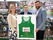 29 March 2023; Paralympic legend Jason Smyth, centre, with Sport Ireland chief executive officer Dr Una May and Paralympics Ireland Chief Executive Officer Stephen McNamara after announcing his retirement undefeated as a 6 time Paralympic gold medal winner and World Record Holder at Sport Ireland Institute in Dublin. Photo by Harry Murphy/Sportsfile