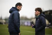 28 March 2023; Kevin Zefi of Republic of Ireland and Greece goalkeeper Nikolaos Botis, left, before the UEFA European Under-19 Championship Elite Round match between Greece and Republic of Ireland at Ferrycarrig Park in Wexford. Photo by Stephen McCarthy/Sportsfile