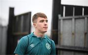 28 March 2023; Thomas Lonergan of Republic of Ireland arrives for the UEFA European Under-19 Championship Elite Round match between Greece and Republic of Ireland at Ferrycarrig Park in Wexford. Photo by Stephen McCarthy/Sportsfile