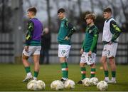 28 March 2023; Republic of Ireland players, from left, Thomas Lonergan, Sean Moore, Harry Vaughan and Alex Murphy before the UEFA European Under-19 Championship Elite Round match between Greece and Republic of Ireland at Ferrycarrig Park in Wexford. Photo by Stephen McCarthy/Sportsfile