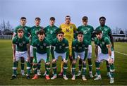 28 March 2023; The Republic of Ireland team, back row, from left, Sean Grehan, Thomas Lonergan, Alex Murphy, Owen Mason, Oisin Gallagher and James Abankwah, with, front row, Harry Vaughan, Kevin Zefi, Sam Curtis, John Ryan and Roco Vata before the UEFA European Under-19 Championship Elite Round match between Greece and Republic of Ireland at Ferrycarrig Park in Wexford. Photo by Stephen McCarthy/Sportsfile