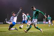 28 March 2023; John Ryan of Republic of Ireland in action against Charalampos Georgiadis of Greece during the UEFA European Under-19 Championship Elite Round match between Greece and Republic of Ireland at Ferrycarrig Park in Wexford. Photo by Stephen McCarthy/Sportsfile