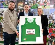 29 March 2023; Paralympic legend Jason Smyth, centre, with Philip Greene and Courtnee Kyle of permanent TSB after announcing his retirement undefeated as a 6 time Paralympic gold medal winner and World Record Holder at Sport Ireland Institute in Dublin. Photo by Harry Murphy/Sportsfile