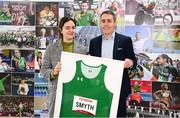 29 March 2023; Paralympic legend Jason Smyth with Anna McCarthy of Allianz after announcing his retirement undefeated as a 6 time Paralympic gold medal winner and World Record Holder at Sport Ireland Institute in Dublin. Photo by Harry Murphy/Sportsfile