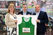 29 March 2023; Paralympic legend Jason Smyth, centre, with Sport Ireland chief executive officer Dr Una May and Sport Ireland Institute Director Liam Harbison after announcing his retirement undefeated as a 6 time Paralympic gold medal winner and World Record Holder at Sport Ireland Institute in Dublin. Photo by Harry Murphy/Sportsfile