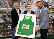 29 March 2023; Paralympic legend Jason Smyth, centre, with Head of Paralympic Athletics James Nolan and Paralympics Ireland Chief Executive Officer Stephen McNamara after announcing his retirement undefeated as a 6 time Paralympic gold medal winner and World Record Holder at Sport Ireland Institute in Dublin. Photo by Harry Murphy/Sportsfile