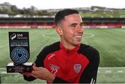 30 March 2023; Jordan McEneff of Shelbourne FC with his SSE Airtricity/SWI Player of the Month award for February 2023 at Ryan McBride Brandywell Stadium in Derry. Photo by Piaras Ó Mídheach/Sportsfile