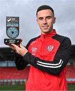 30 March 2023; Jordan McEneff of Shelbourne FC with his SSE Airtricity/SWI Player of the Month award for February 2023 at Ryan McBride Brandywell Stadium in Derry. Photo by Piaras Ó Mídheach/Sportsfile