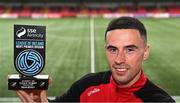 30 March 2023; Jordan McEneff of Shelbourne FC with his SSE Airtricity/SWI Player of the Month award for February 2023 at Ryan McBride Brandywell Stadium in Derry. Photo by Piaras Ó Mídheach/Sportsfile