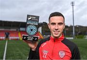 30 March 2023; Jordan McEneff of Shelbourne FC with his SSE Airtricity/SWI Player of the Month award for February 2023 at Ryan McBride Brandywell Stadium in Derry. Photo by Piaras Ó Mídheach/Sportsfile