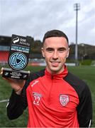 30 March 2023; Jordan McEneff of Shelbourne FC with his SSE Airtricity/SWI Player of the Month award for February 2023 at Ryan McBride Brandywell Stadium in Derry. Photo by Piaras Ó Mídheach/Sportsfile