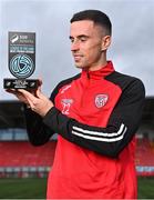 30 March 2023; Jordan McEneff of Shelbourne FC with his SSE Airtricity/SWI Player of the Month award for February 2023 at Ryan McBride Brandywell Stadium in Derry. Photo by Piaras Ó Mídheach/Sportsfile