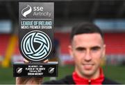 30 March 2023; Jordan McEneff of Shelbourne FC with his SSE Airtricity/SWI Player of the Month award for February 2023 at Ryan McBride Brandywell Stadium in Derry. Photo by Piaras Ó Mídheach/Sportsfile