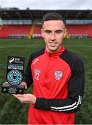 30 March 2023; Jordan McEneff of Shelbourne FC with his SSE Airtricity/SWI Player of the Month award for February 2023 at Ryan McBride Brandywell Stadium in Derry. Photo by Piaras Ó Mídheach/Sportsfile