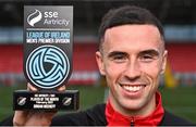 30 March 2023; Jordan McEneff of Shelbourne FC with his SSE Airtricity/SWI Player of the Month award for February 2023 at Ryan McBride Brandywell Stadium in Derry. Photo by Piaras Ó Mídheach/Sportsfile