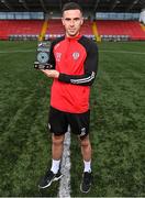 30 March 2023; Jordan McEneff of Shelbourne FC with his SSE Airtricity/SWI Player of the Month award for February 2023 at Ryan McBride Brandywell Stadium in Derry. Photo by Piaras Ó Mídheach/Sportsfile