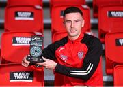 30 March 2023; Jordan McEneff of Shelbourne FC with his SSE Airtricity/SWI Player of the Month award for February 2023 at Ryan McBride Brandywell Stadium in Derry. Photo by Piaras Ó Mídheach/Sportsfile