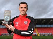 30 March 2023; Jordan McEneff of Shelbourne FC with his SSE Airtricity/SWI Player of the Month award for February 2023 at Ryan McBride Brandywell Stadium in Derry. Photo by Piaras Ó Mídheach/Sportsfile