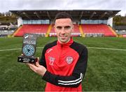 30 March 2023; Jordan McEneff of Shelbourne FC with his SSE Airtricity/SWI Player of the Month award for February 2023 at Ryan McBride Brandywell Stadium in Derry. Photo by Piaras Ó Mídheach/Sportsfile