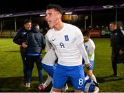 28 March 2023; Evangelos Nikolaou of Greece celebrates after the UEFA European Under-19 Championship Elite Round match between Greece and Republic of Ireland at Ferrycarrig Park in Wexford. Photo by Stephen McCarthy/Sportsfile