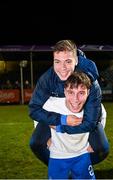 28 March 2023; Charalampos Georgiadis, 2, and Stefanos Tzimas of Greece celebrate after the UEFA European Under-19 Championship Elite Round match between Greece and Republic of Ireland at Ferrycarrig Park in Wexford. Photo by Stephen McCarthy/Sportsfile