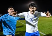 28 March 2023; Christos Stavropoulos, right, and Konstantinos Gkoumas of Greece celebrate after the UEFA European Under-19 Championship Elite Round match between Greece and Republic of Ireland at Ferrycarrig Park in Wexford. Photo by Stephen McCarthy/Sportsfile