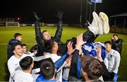 28 March 2023; Greece manager Anastasios Theos celebrates with his players after the UEFA European Under-19 Championship Elite Round match between Greece and Republic of Ireland at Ferrycarrig Park in Wexford. Photo by Stephen McCarthy/Sportsfile