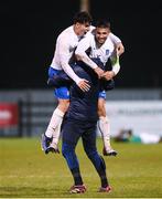 28 March 2023; Christos Stavropoulos, left, and Alexios Kalogeropoulos of Greece celebrate after the UEFA European Under-19 Championship Elite Round match between Greece and Republic of Ireland at Ferrycarrig Park in Wexford. Photo by Stephen McCarthy/Sportsfile