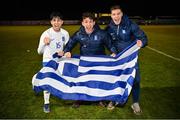 28 March 2023; Greece players, from left, Christos Stavropoulos, Nikolaos Botis and Stefanos Tzimas celebrate after the UEFA European Under-19 Championship Elite Round match between Greece and Republic of Ireland at Ferrycarrig Park in Wexford. Photo by Stephen McCarthy/Sportsfile