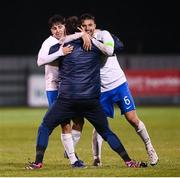 28 March 2023; Christos Stavropoulos, left, and Alexios Kalogeropoulos of Greece celebrate after the UEFA European Under-19 Championship Elite Round match between Greece and Republic of Ireland at Ferrycarrig Park in Wexford. Photo by Stephen McCarthy/Sportsfile