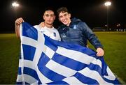 28 March 2023; Dimitrios Keramitsis, left, and Nikolaos Botis of Greece celebrate after the UEFA European Under-19 Championship Elite Round match between Greece and Republic of Ireland at Ferrycarrig Park in Wexford. Photo by Stephen McCarthy/Sportsfile