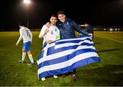 28 March 2023; Alexios Kalogeropoulos, left, and Nikolaos Botis of Greece celebrate after the UEFA European Under-19 Championship Elite Round match between Greece and Republic of Ireland at Ferrycarrig Park in Wexford. Photo by Stephen McCarthy/Sportsfile