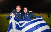 28 March 2023; Greece players Nikolaos Botis and Stefanos Tzimas, right, celebrate after the UEFA European Under-19 Championship Elite Round match between Greece and Republic of Ireland at Ferrycarrig Park in Wexford. Photo by Stephen McCarthy/Sportsfile
