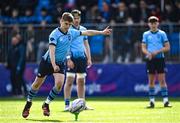 27 March 2023; Harrison McMahon of St Michael’s College kicks during the Bank of Ireland Leinster Rugby Schools Junior Cup Final match between St Michael's College and Blackrock College at Energia Park in Dublin. Photo by Harry Murphy/Sportsfile