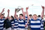27 March 2023; Tom Keaveney, centre, and Matthew Wyse of Blackrock College celebrate after their side's victory in the Bank of Ireland Leinster Rugby Schools Junior Cup Final match between St Michael's College and Blackrock College at Energia Park in Dublin. Photo by Harry Murphy/Sportsfile