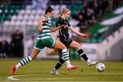 29 March 2023; Emily Corbet of Wexford Youths in action against Jessica Hennessy of Shamrock Rovers during the SSE Airtricity Women's Premier Division match between Shamrock Rovers and Wexford Youths at Tallaght Stadium in Dublin. Photo by Stephen McCarthy/Sportsfile