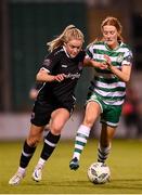 29 March 2023; Emily Corbet of Wexford Youths in action against Alannah Prizeman of Shamrock Rovers during the SSE Airtricity Women's Premier Division match between Shamrock Rovers and Wexford Youths at Tallaght Stadium in Dublin. Photo by Stephen McCarthy/Sportsfile