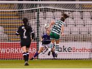 29 March 2023; Jess Gargan of Shamrock Rovers heads her side's first goal during the SSE Airtricity Women's Premier Division match between Shamrock Rovers and Wexford Youths at Tallaght Stadium in Dublin. Photo by Stephen McCarthy/Sportsfile