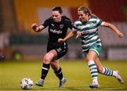 29 March 2023; Michaela Lawrence of Wexford Youths in action against Lia O'Leary of Shamrock Rovers during the SSE Airtricity Women's Premier Division match between Shamrock Rovers and Wexford Youths at Tallaght Stadium in Dublin. Photo by Stephen McCarthy/Sportsfile