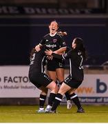 29 March 2023; Meabh Russell, centre, celebrates with Wexford Youths team-mates Michaela Lawrence, left, and Abbie Brophy, right, after scoring their side's first goal during the SSE Airtricity Women's Premier Division match between Shamrock Rovers and Wexford Youths at Tallaght Stadium in Dublin. Photo by Stephen McCarthy/Sportsfile