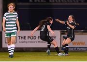 29 March 2023; Meabh Russell, right, celebrates with Wexford Youths team-mate Michaela Lawrence, left, after scoring their side's first goal during the SSE Airtricity Women's Premier Division match between Shamrock Rovers and Wexford Youths at Tallaght Stadium in Dublin. Photo by Stephen McCarthy/Sportsfile