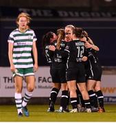 29 March 2023; Wexford Youths players celebrate their first goal scored by Meabh Russell during the SSE Airtricity Women's Premier Division match between Shamrock Rovers and Wexford Youths at Tallaght Stadium in Dublin. Photo by Stephen McCarthy/Sportsfile