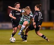 29 March 2023; Orlaith O'Mahony of Shamrock Rovers in action against Ciara Rossiter, right, and Michaela Lawrence of Wexford Youths during the SSE Airtricity Women's Premier Division match between Shamrock Rovers and Wexford Youths at Tallaght Stadium in Dublin. Photo by Stephen McCarthy/Sportsfile