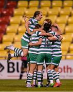 29 March 2023; Shamrock Rovers players celebrate after Aine O'Gorman, hidden, scored their second goal during the SSE Airtricity Women's Premier Division match between Shamrock Rovers and Wexford Youths at Tallaght Stadium in Dublin. Photo by Stephen McCarthy/Sportsfile