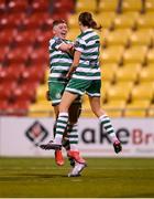 29 March 2023; Jaime Thompson, left, and Abbie Larkin of Shamrock Rovers celebrate after Aine O'Gorman, not pictured, scored their second goal during the SSE Airtricity Women's Premier Division match between Shamrock Rovers and Wexford Youths at Tallaght Stadium in Dublin. Photo by Stephen McCarthy/Sportsfile