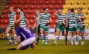 29 March 2023; Shamrock Rovers players celebrate after Aine O'Gorman, fourth from left, scored their second goal during the SSE Airtricity Women's Premier Division match between Shamrock Rovers and Wexford Youths at Tallaght Stadium in Dublin. Photo by Stephen McCarthy/Sportsfile
