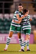 29 March 2023; Jessica Hennessy, left, and Abbie Larkin of Shamrock Rovers celebrate after the SSE Airtricity Women's Premier Division match between Shamrock Rovers and Wexford Youths at Tallaght Stadium in Dublin. Photo by Stephen McCarthy/Sportsfile
